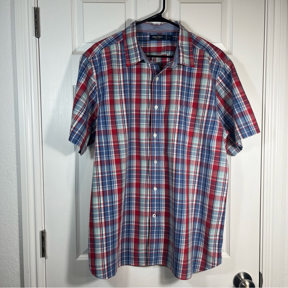 Nautica Mens XL 100% Cotton Short Sleeve Plaid Button Up Shirt Preppy Coastal